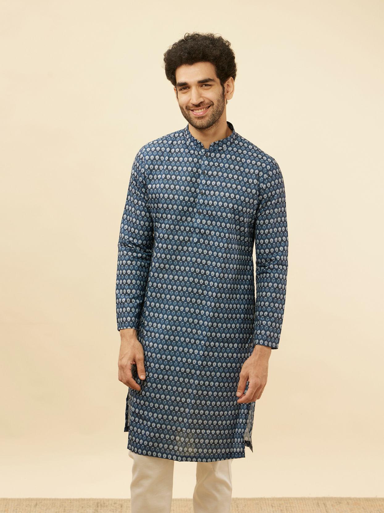 Deep Blue Floral Buta Printed Kurta image number 0